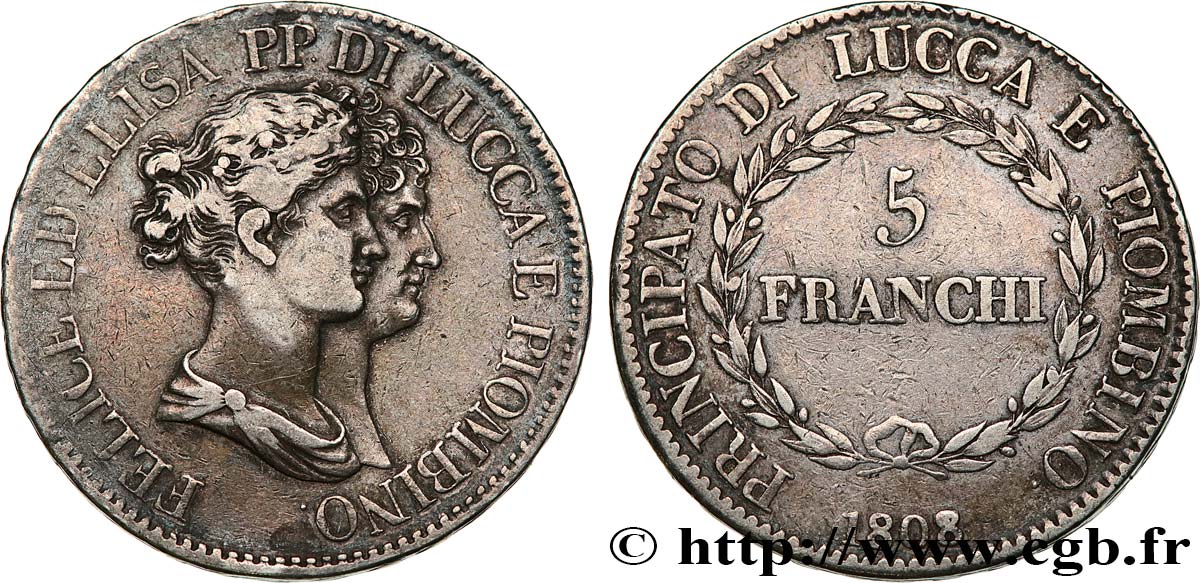 ITALY - PRINCIPALTY OF LUCCA AND PIOMBINO - FELIX BACCIOCHI AND ELISA BONAPARTE 5 Franchi  1808 Florence VF/XF 