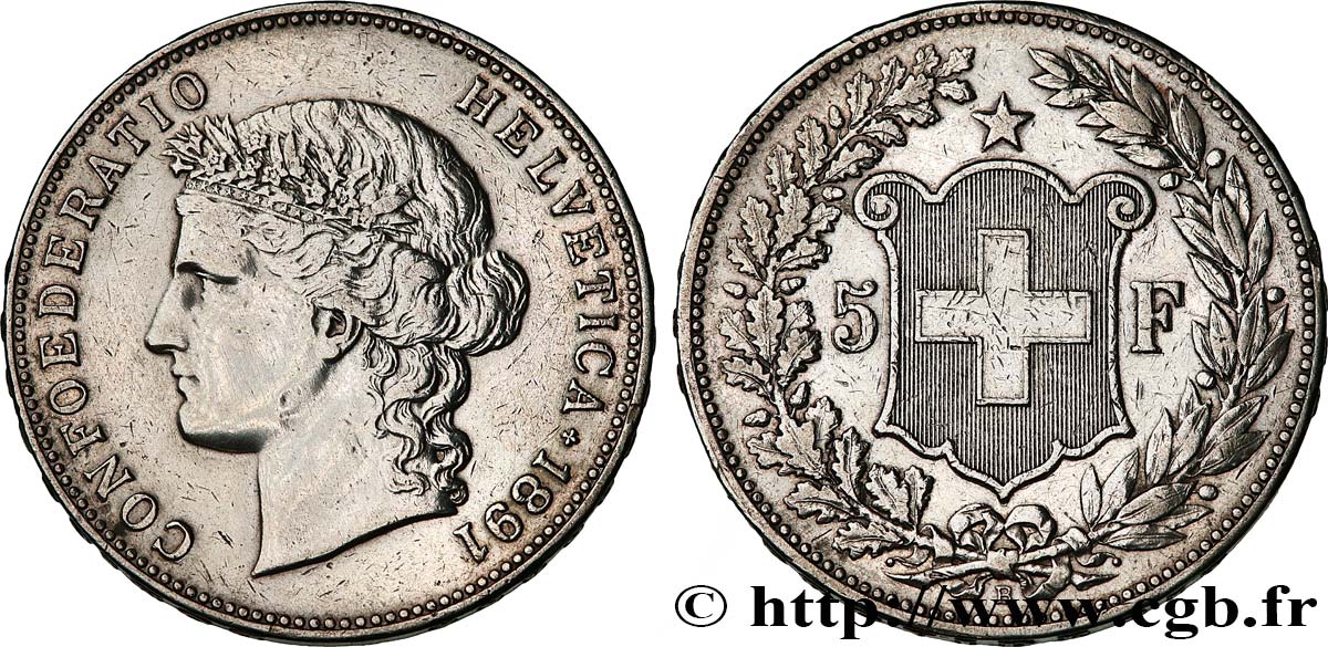 SUISSE 5 Francs Helvetia buste 1891 Berne TTB 