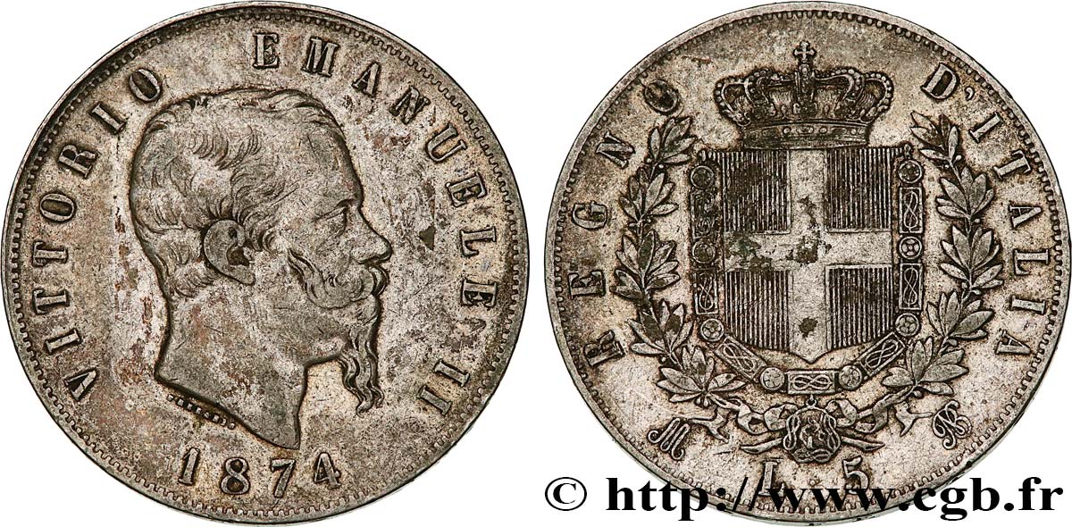 ITALIEN 5 Lire Victor Emmanuel II 1874 Milan fSS 