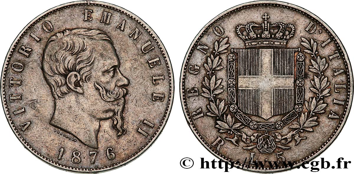 ITALIEN 5 Lire Victor Emmanuel II 1876 Rome SS 