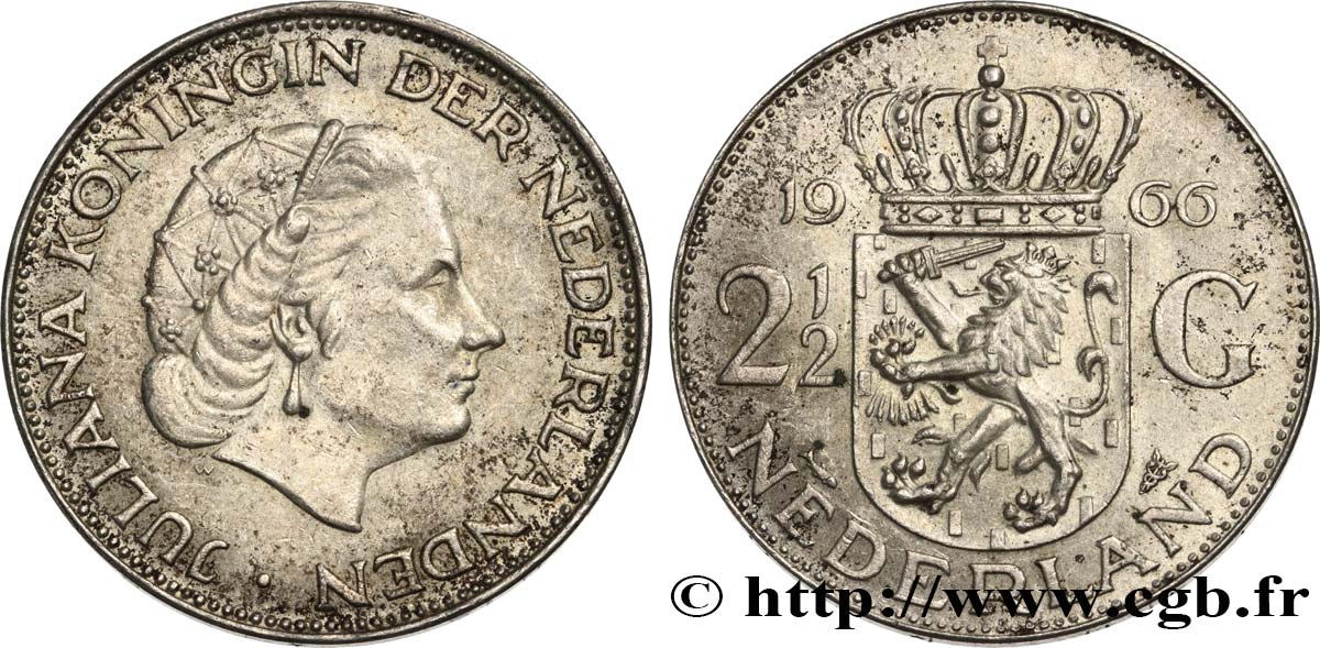NETHERLANDS 2 1/2 Gulden Juliana 1966 Utrecht AU 
