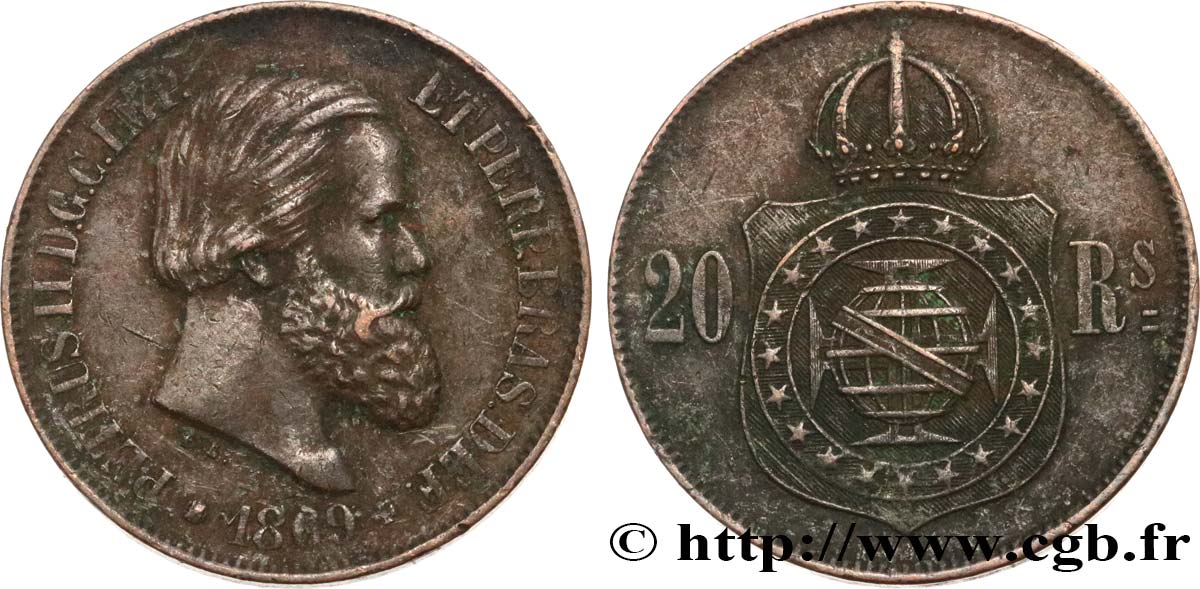 BRAZIL 20 Réis Pierre II 1869  VF 