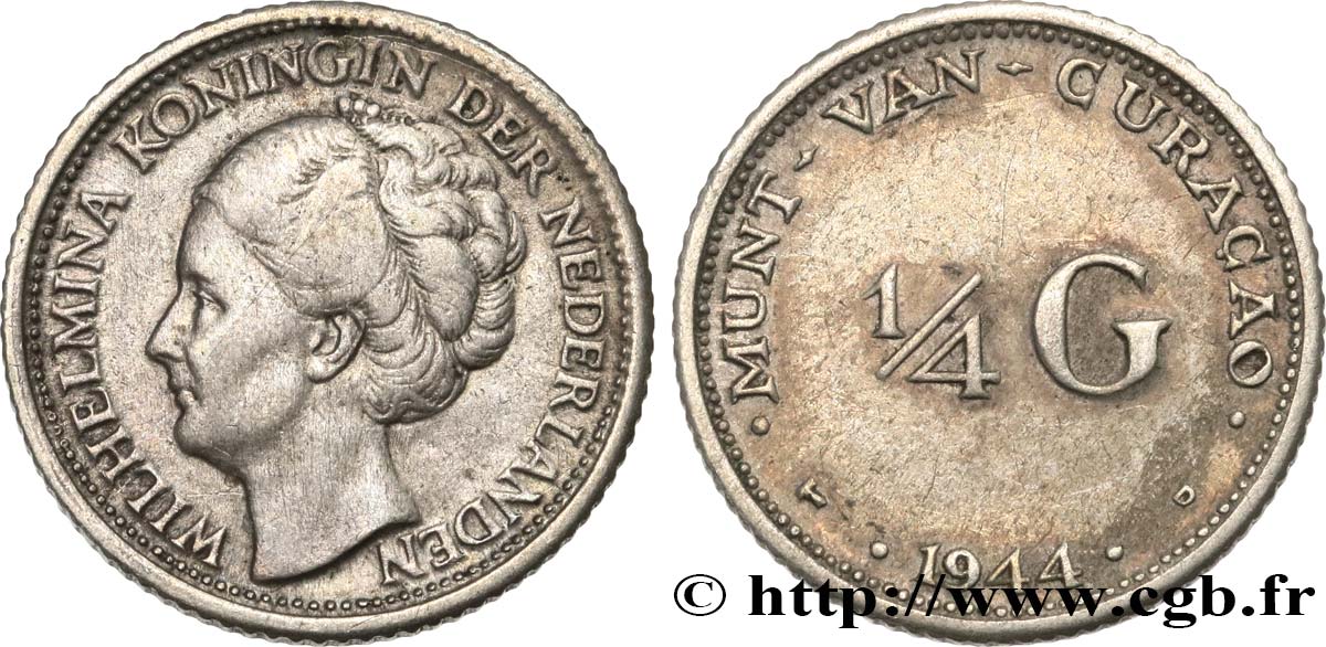 CURACAO 1/4 Gulden reine Wilhelmina 1944 Denver TTB 