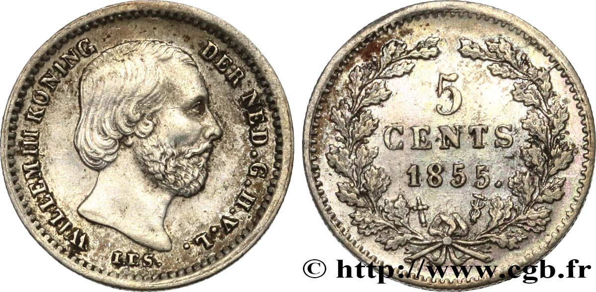 NIEDERLANDE 5 Cents Guillaume III 1855 Utrecht fVZ 