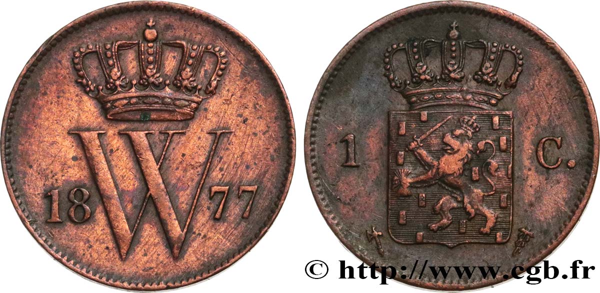 NETHERLANDS 1 Cent lion couronné 1877 Utrecht XF 