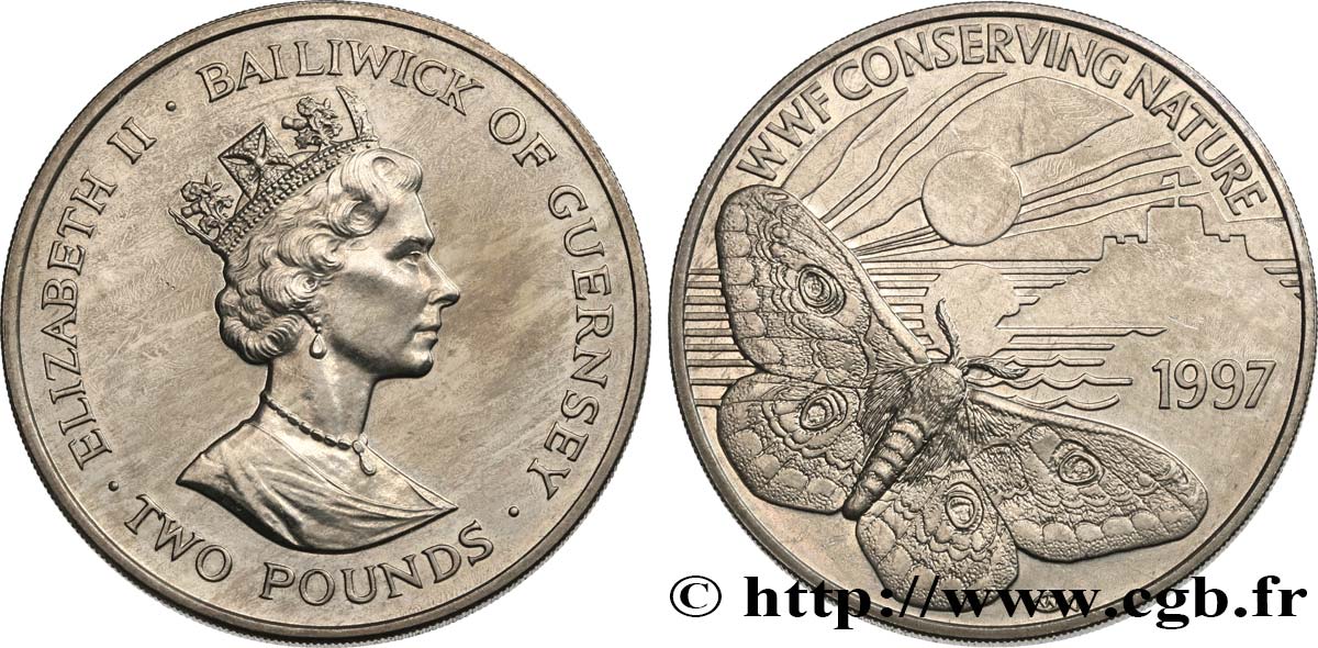 GUERNESEY 2 Pounds papillon paon de nuit 1997  SPL 