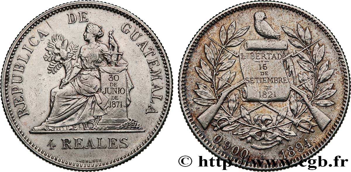 GUATEMALA 4 Reales 1894 Heaton TTB 