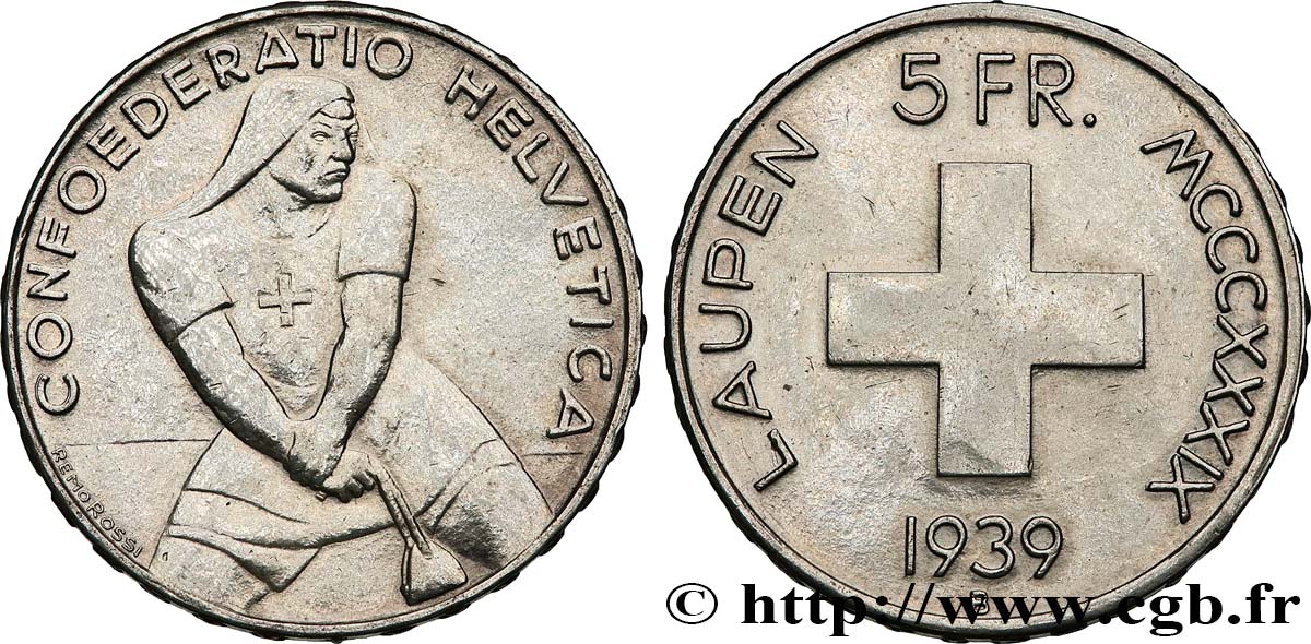 SCHWEIZ 5 Francs 600e anniversaire de la bataille de Laupen 1939 Berne fVZ 