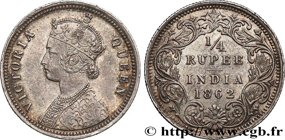 BRITISH INDIA 1/4 Roupie Victoria 1862 Calcutta AU 