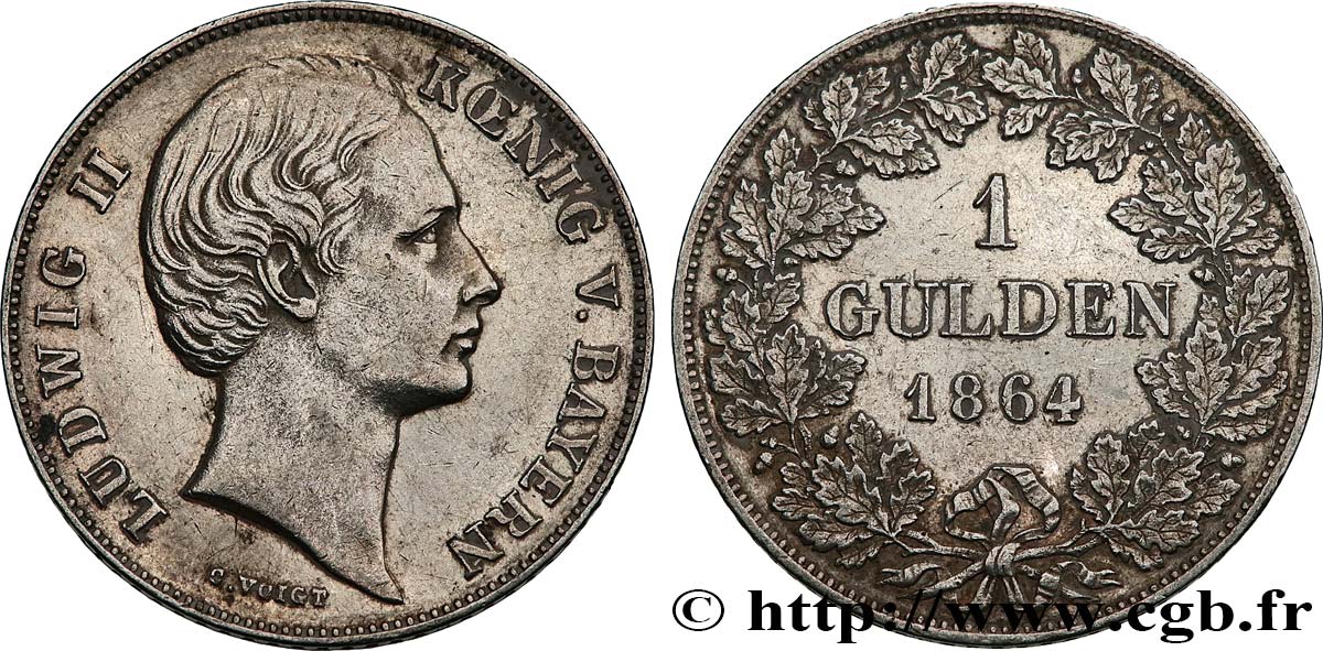 ALLEMAGNE - ROYAUME DE BAVIÈRE - LOUIS II 1 Gulden Louis II, 2e type 1864  TTB+ 