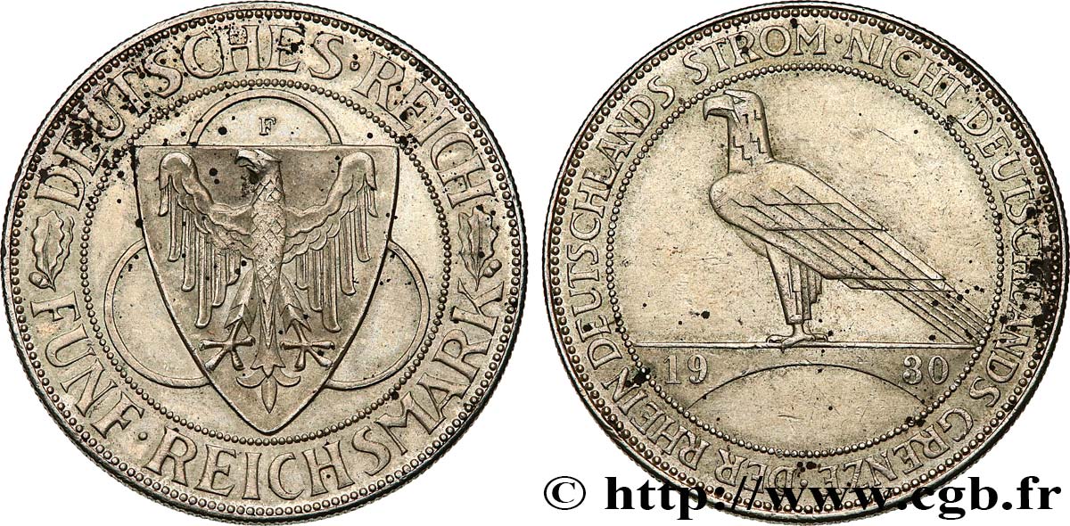 GERMANY 5 Reichsmark Libération de la Rhénanie 1930 Stuttgart AU 