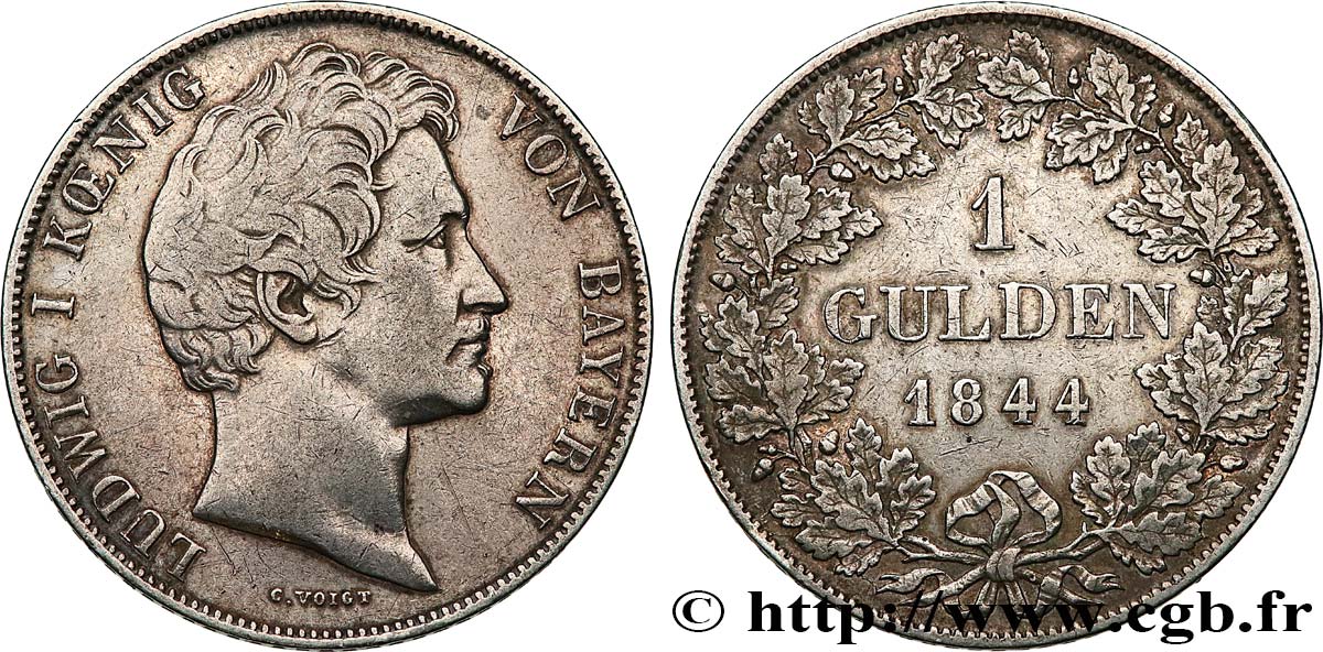 ALLEMAGNE - BAVIÈRE 1 Gulden Louis Ier 1844 Münich TTB 