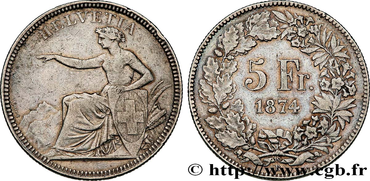 SWITZERLAND 5 Francs Helvetia assise 1874 Bruxelles XF 