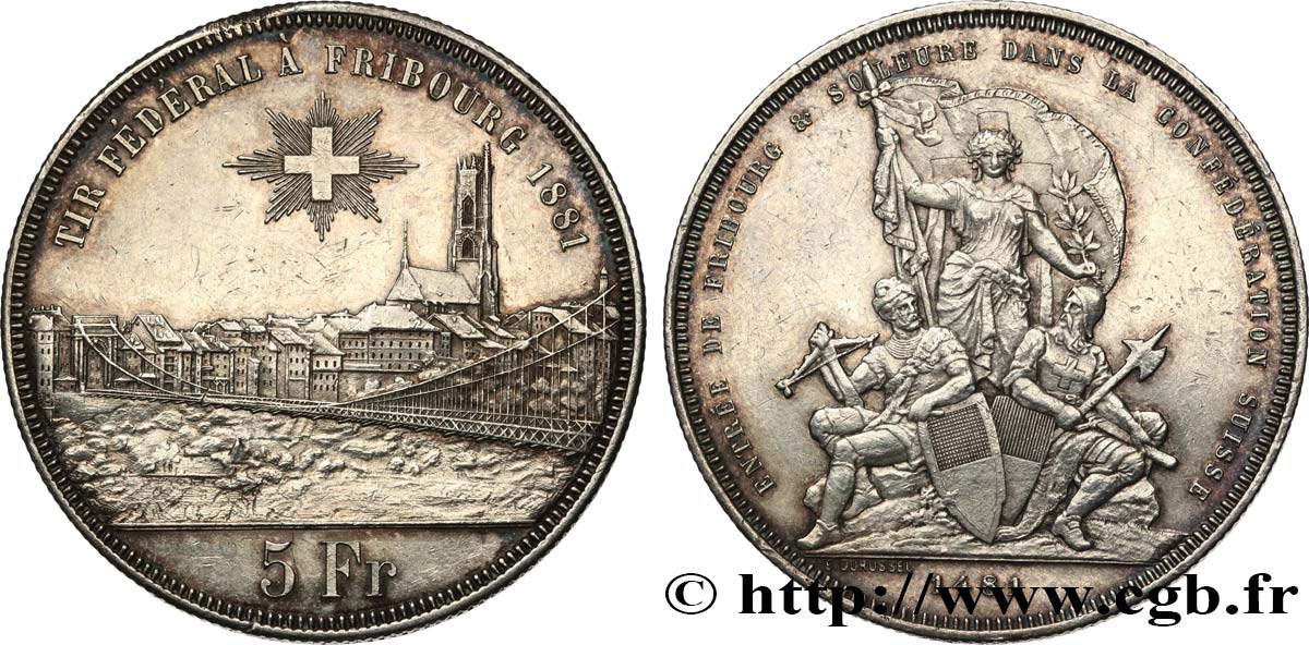 SWITZERLAND 5 Francs, monnaie de Tir, Fribourg 1881  AU 