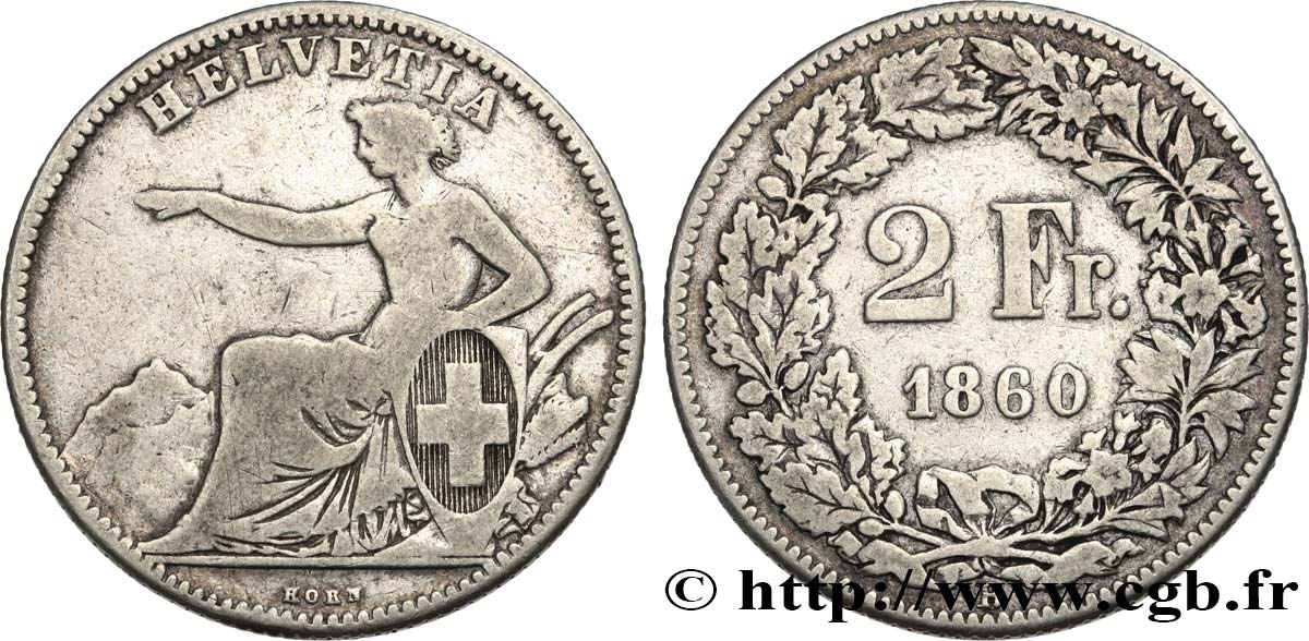 SWITZERLAND 2 Francs Helvetia 1860 Berne VF 