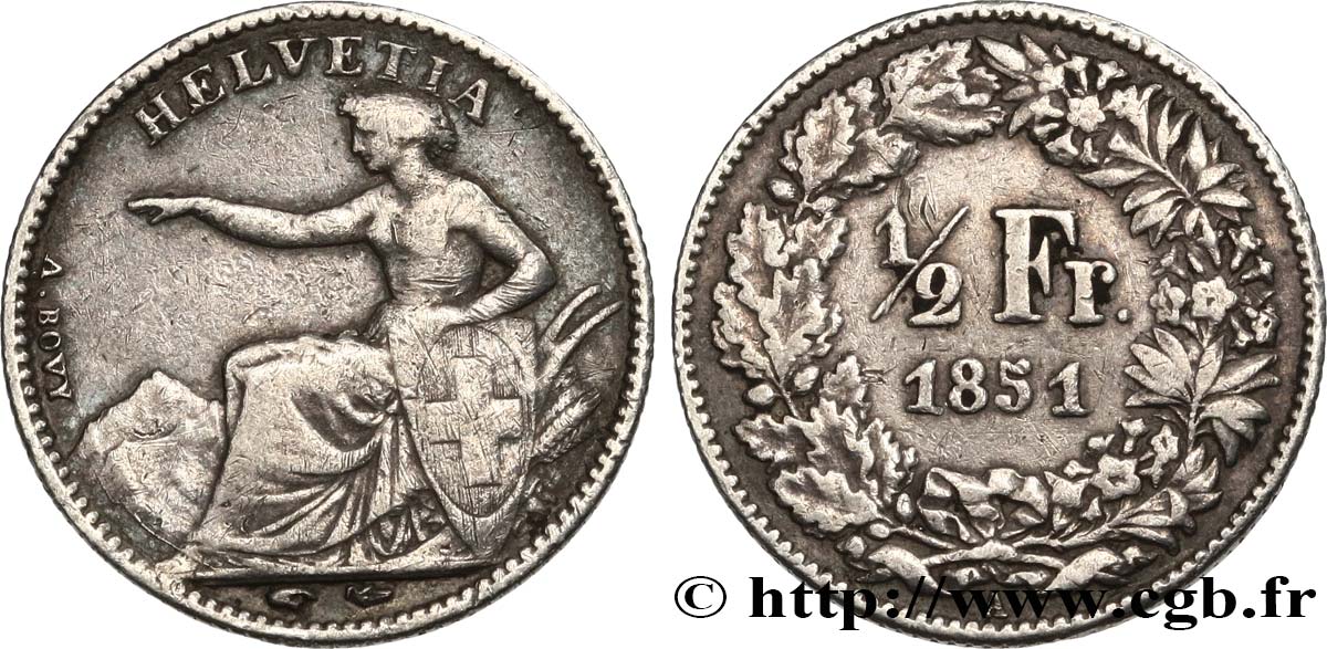 SWITZERLAND 1/2 Franc Helvetia 1851 Paris VF 