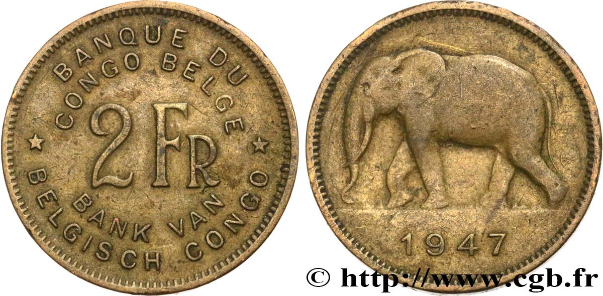 CONGO BELGA 2 Francs éléphant 1947  BB 
