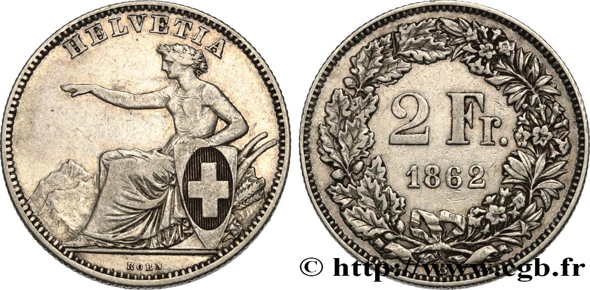 SUISSE 2 Francs Helvetia 1862 Berne TB+/TTB 