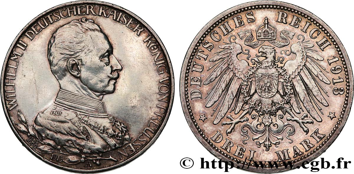 DEUTSCHLAND - PREUßEN 3 Mark 25e anniversaire de règne de Guillaume II 1913 Berlin VZ/fST 