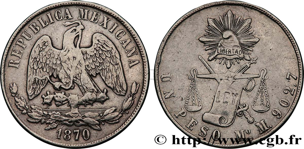 MEXICO 1 Peso aigle 1870 Mexico XF 