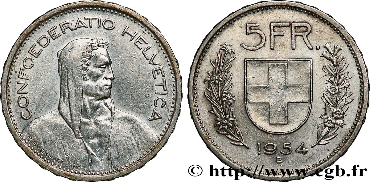 SUISSE 5 Francs Berger des alpes 1954 Berne SUP 