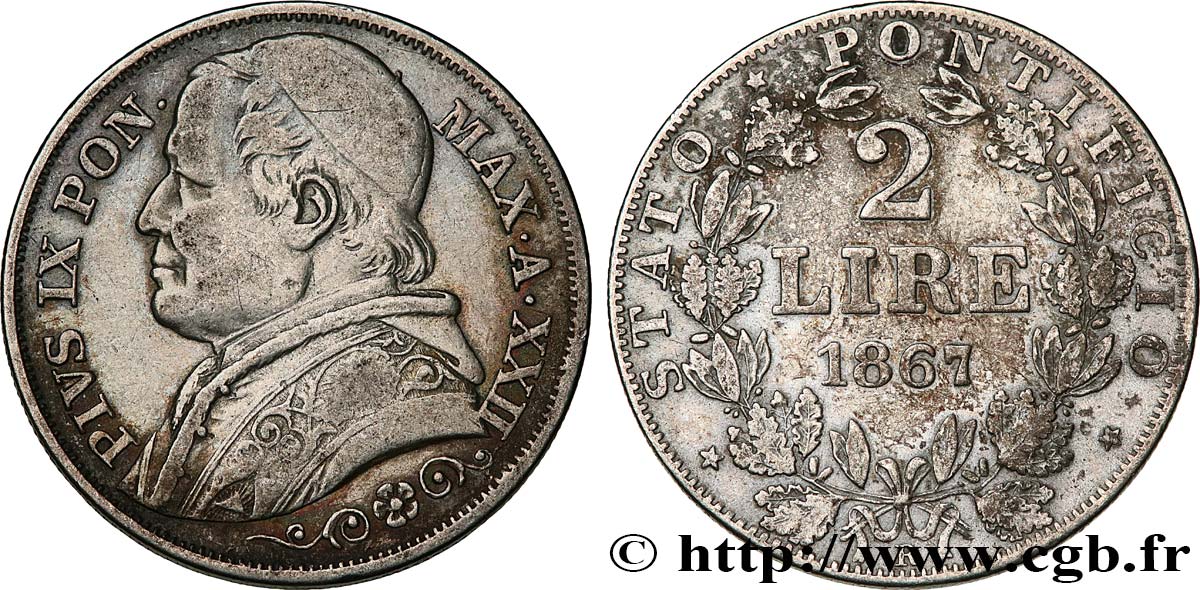 VATICAN ET ÉTATS PONTIFICAUX 2 Lire Pie IX an XXII 1867 Rome TB+ 
