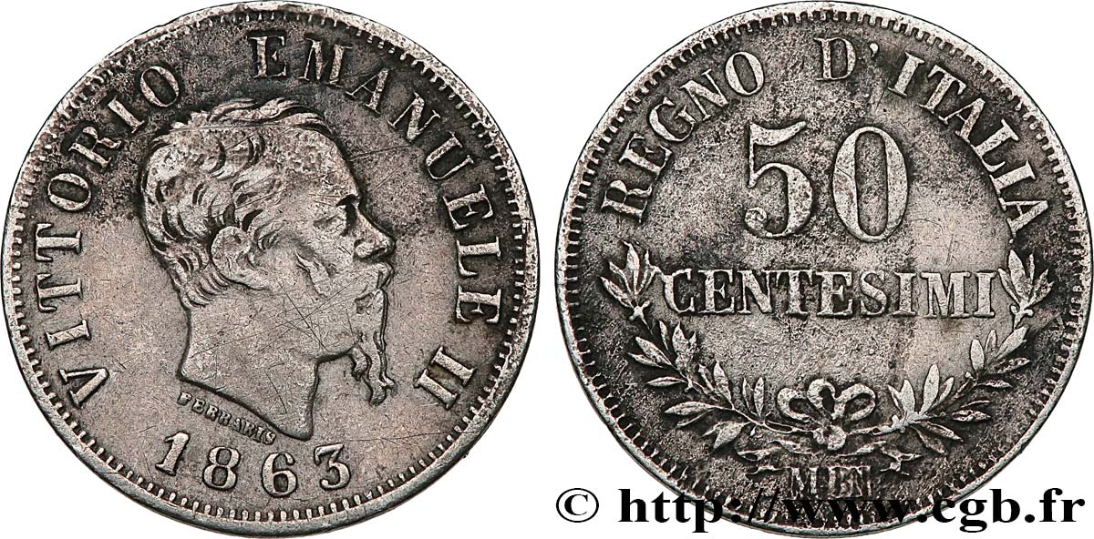 ITALIE 50 Centesimi Victor Emmanuel II 1863 Milan TTB 