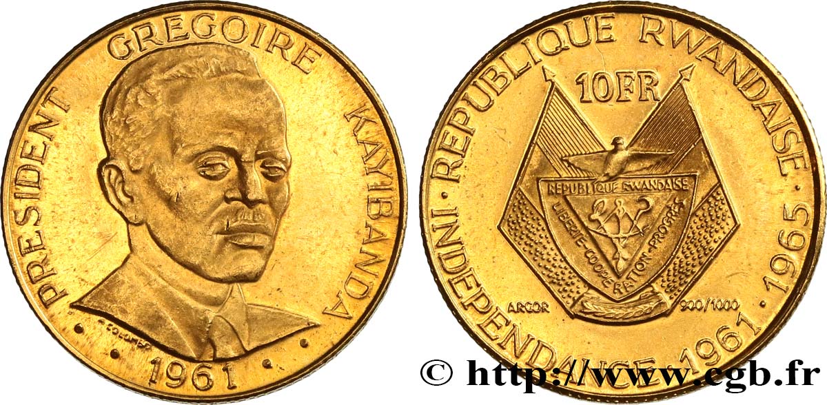 RWANDA 10 Francs Proof Grégoire Kayibanda 1965  MS 