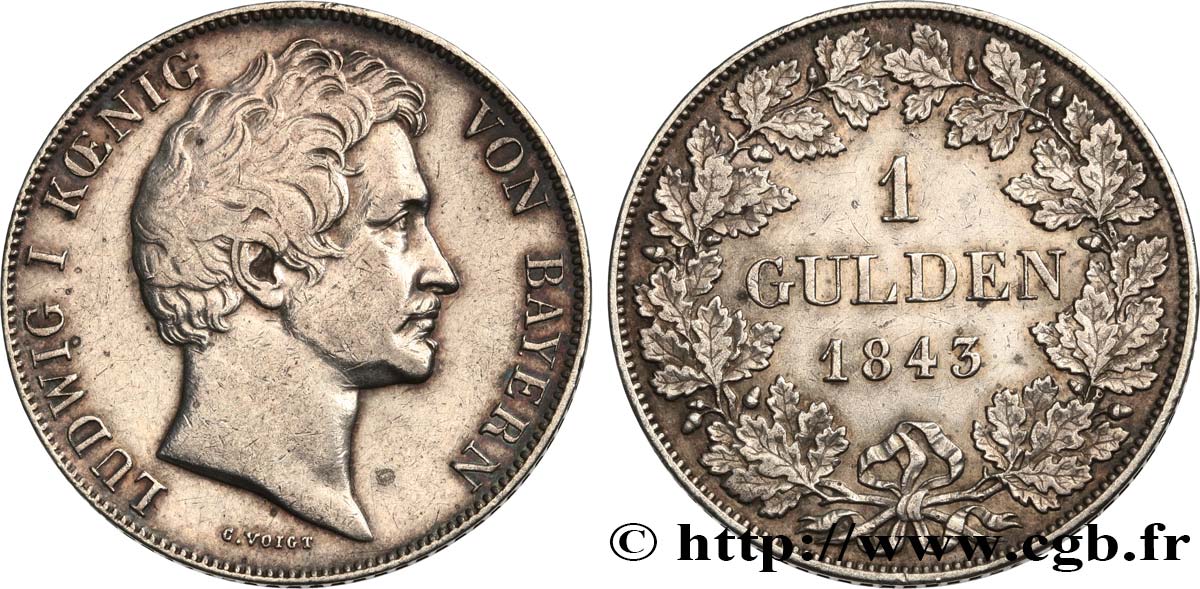 ALLEMAGNE - BAVIÈRE 1 Gulden Louis Ier 1843 Münich TTB+ 