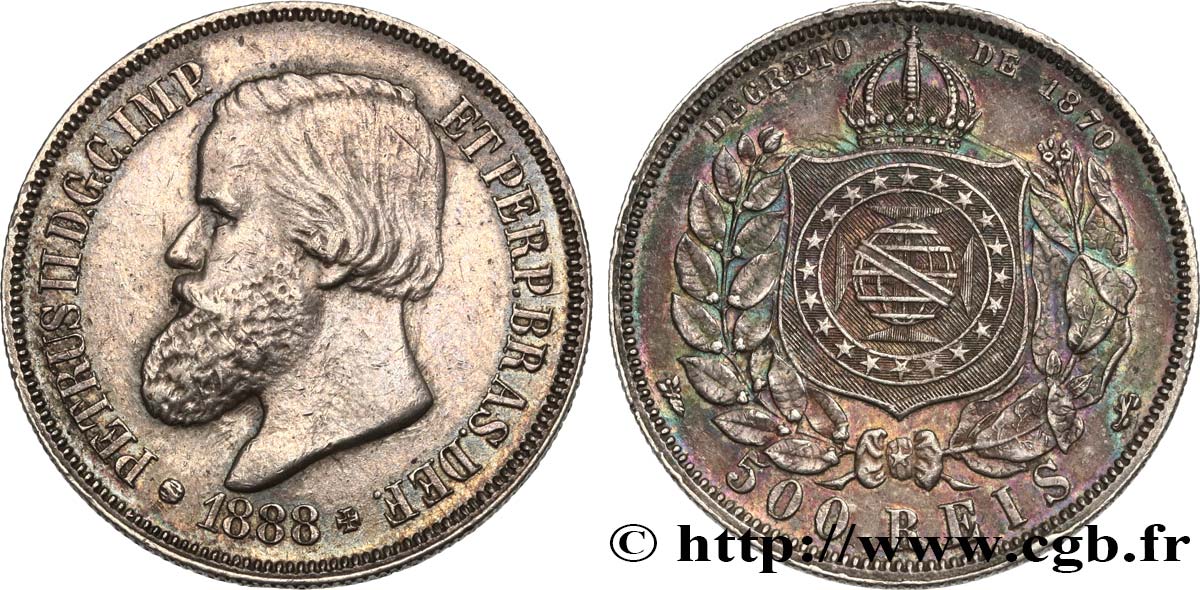BRAZIL 500 Reis Empereur Pierre II 1888  AU/AU 
