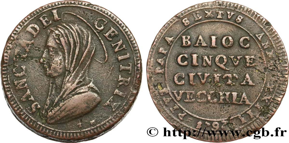 ITALIE - STATO PONTIFICIO - PIUS VI (Giovanni Angelo Braschi 5 Baiocchi (Madonnina) an XXIII 1797 Civitavecchia q.SPL 