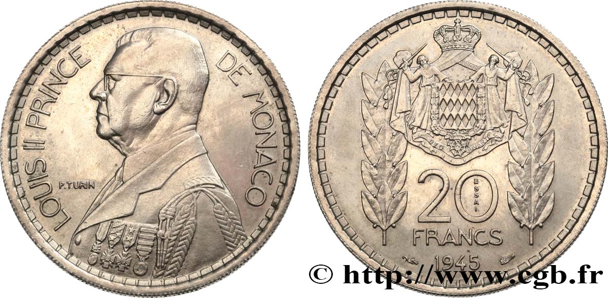 MONACO Essai de 20 Francs Turin Louis II 1945 Paris SPL 
