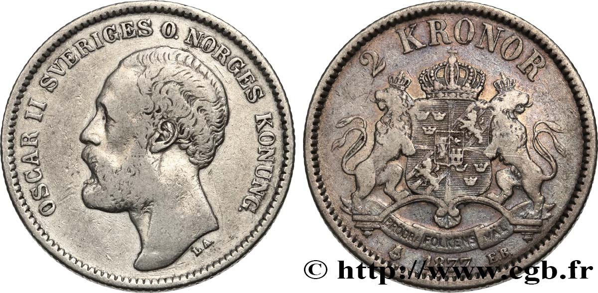 SWEDEN 2 Kronor Oscar II 1877  VF 