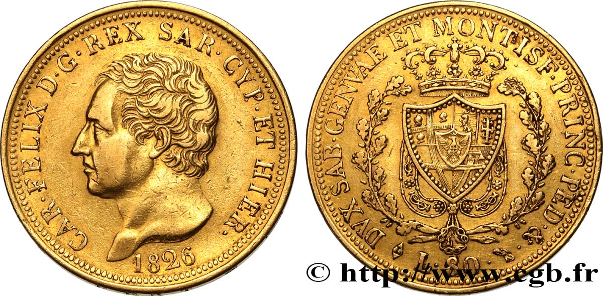 ITALY - KINGDOM OF SARDINIA - CHARLES-FELIX 80 Lire 1826 Turin AU 