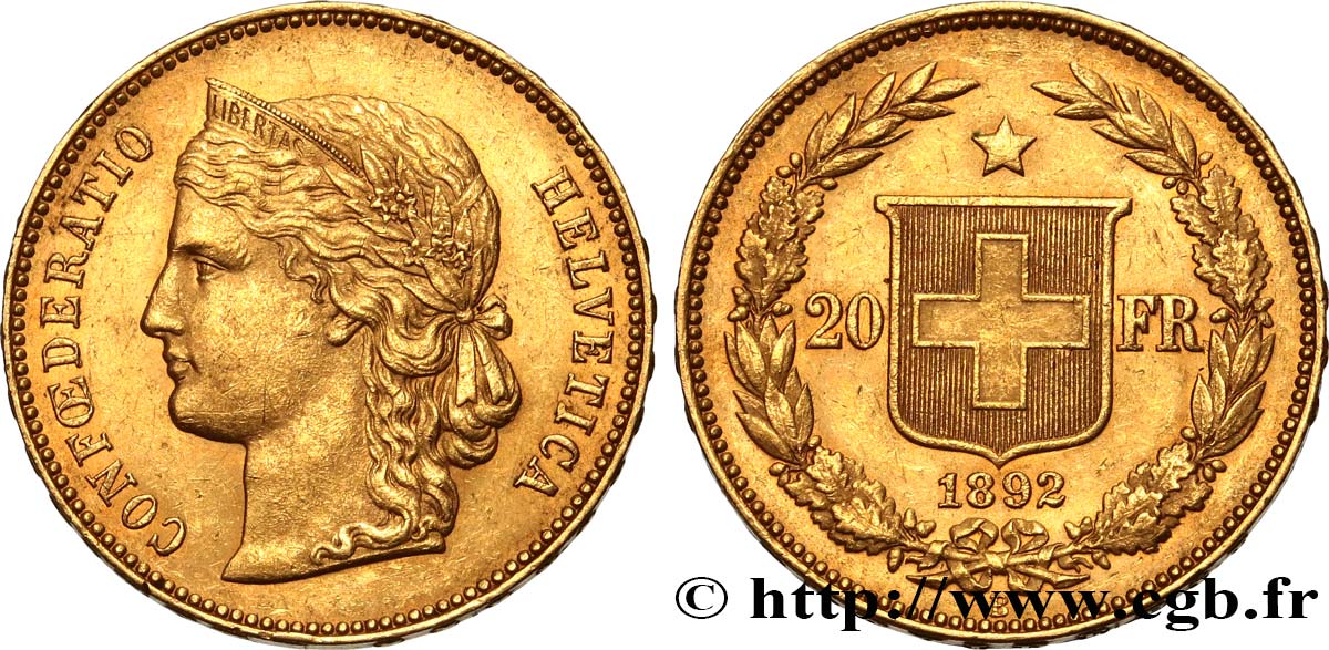 SWITZERLAND 20 Francs Helvetia 1892 Berne AU 