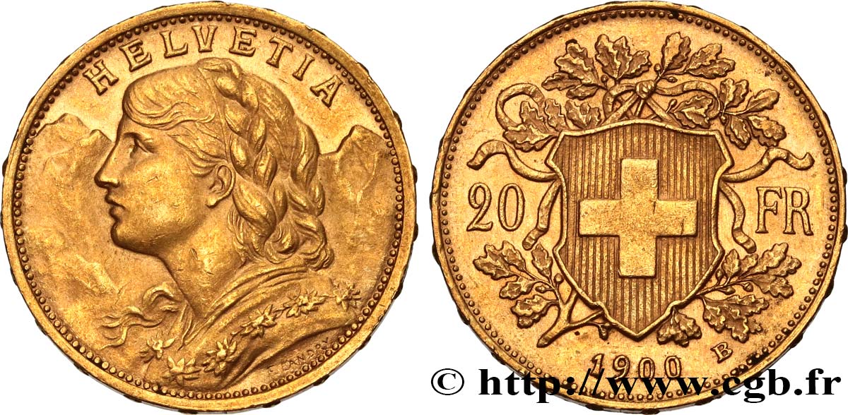 SWITZERLAND 20 Francs  Vreneli   1900 Berne AU 