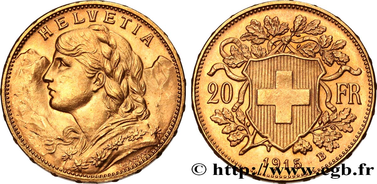 SWITZERLAND 20 Francs  Vreneli   1915 Berne MS 