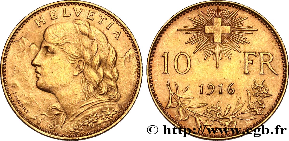 SWITZERLAND 10 Francs or  Vreneli” 1916 Berne AU 