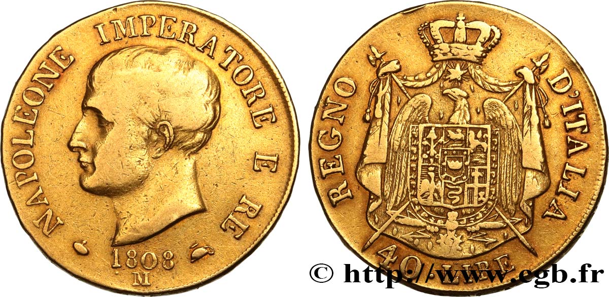 ITALIA - REINO DE ITALIA - NAPOLEóNE I 40 Lire 1808 Milan BC+ 