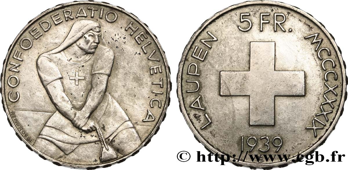 SUIZA 5 Francs 600e anniversaire de la bataille de Laupen 1939 Berne MBC+ 