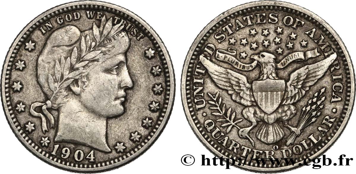 UNITED STATES OF AMERICA 1/4 Dollar Barber 1904 New Orleans - O XF 