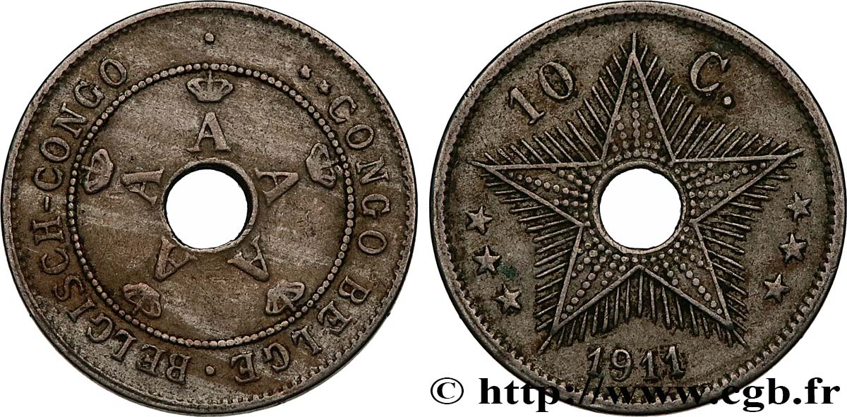 BELGISCH-KONGO 10 Centimes monogramme A (Albert) couronné 1911  SS 