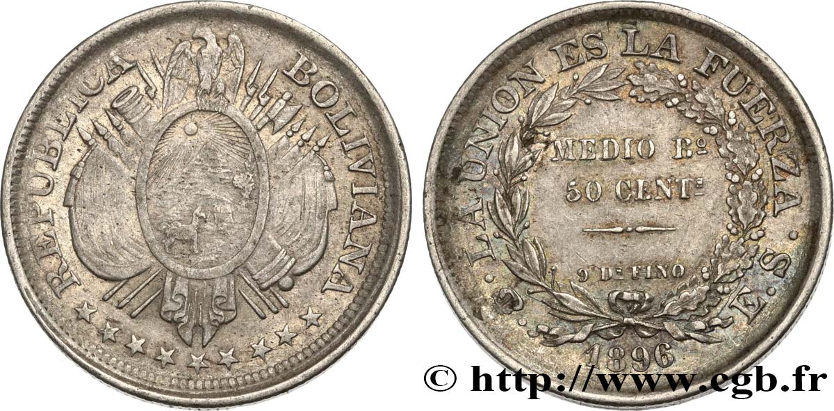 BOLIVIA 50 Centavos (1/2 Boliviano) 1896 Potosi XF 