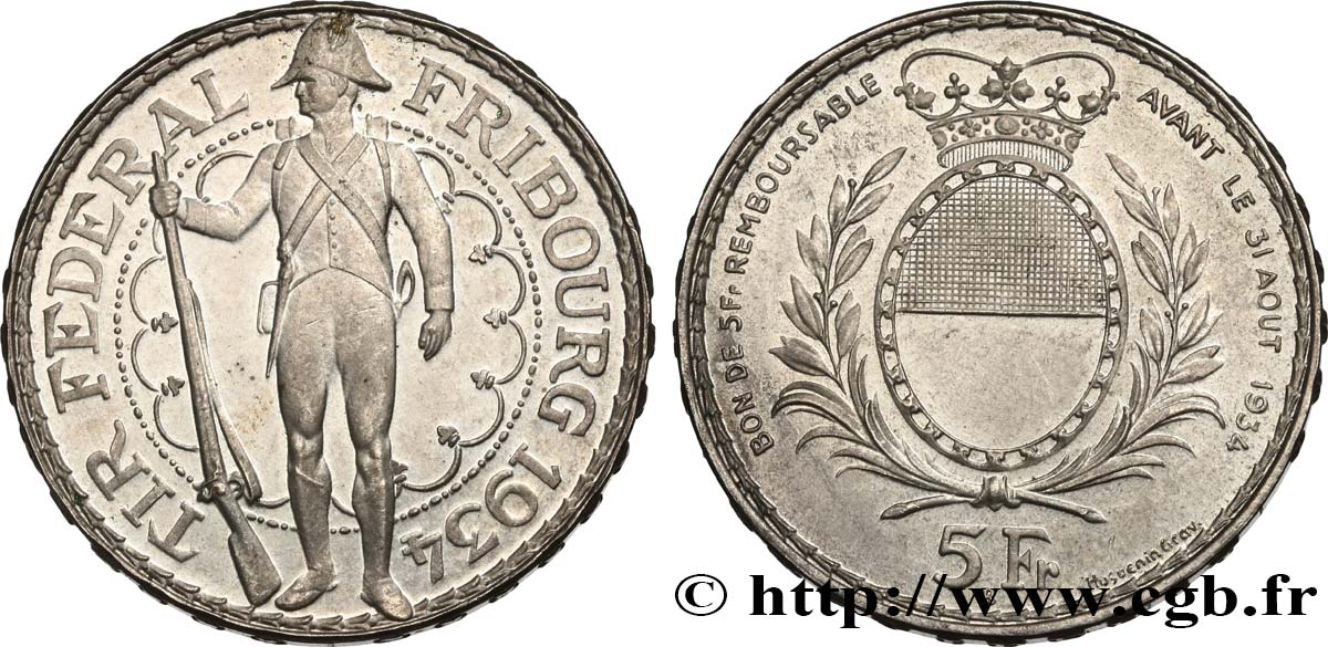 SUISSE 5 Francs, monnaie de Tir, Fribourg 1934 Le Locle SPL 