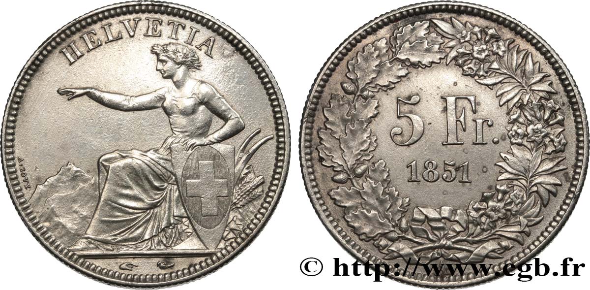 SUISSE - CONFEDERATION 5 Francs Helvetia assise 1851 Paris AU 