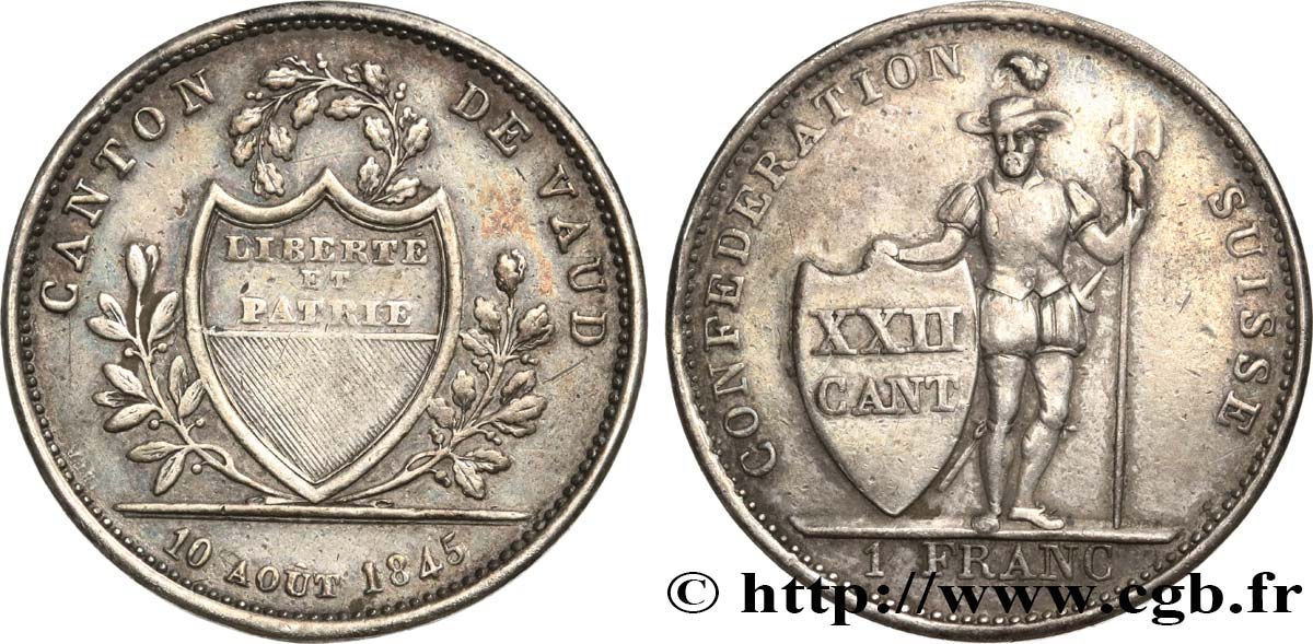 SUISSE - CANTON DE VAUD 1 Franc 1845 Lausanne TTB 