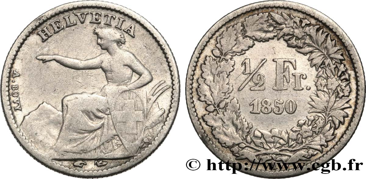 SWITZERLAND 1/2 Franc Helvetia 1850 Paris VF 