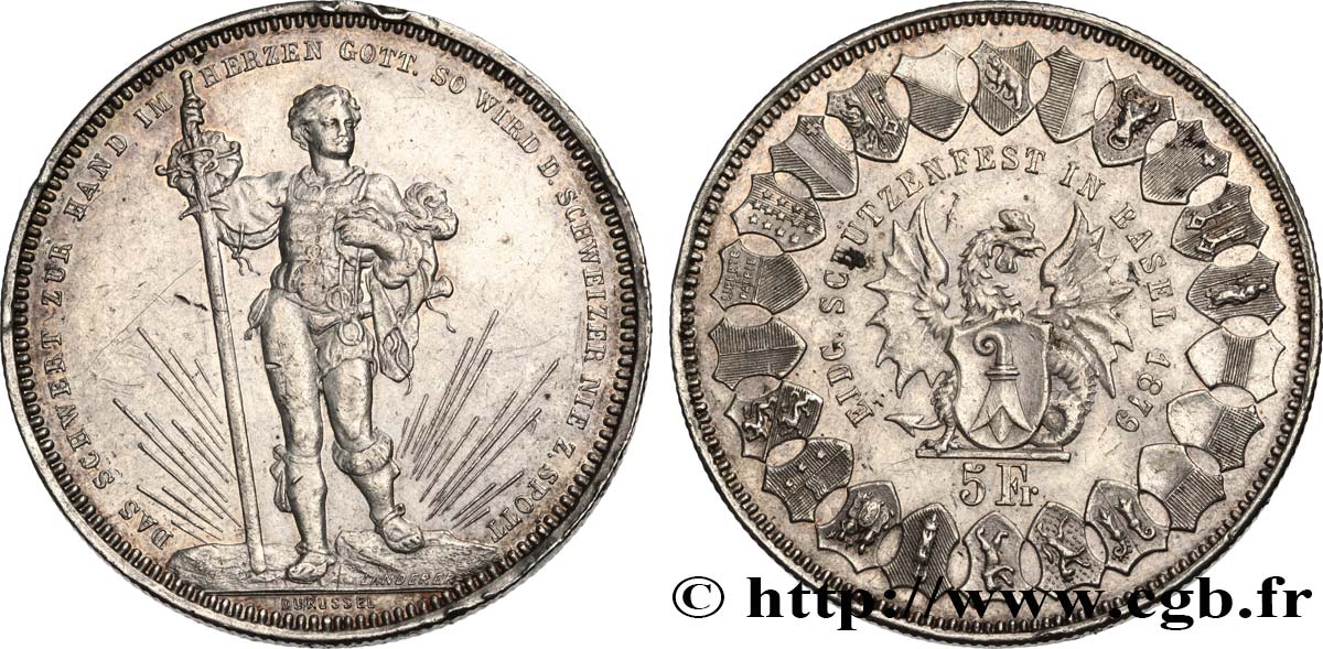 SWITZERLAND 5 Francs, monnaie de Tir, Bâle 1879  AU 