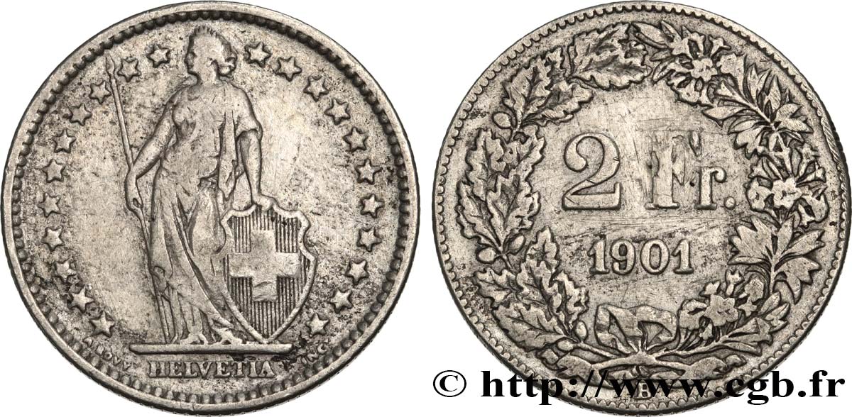 SCHWEIZ 2 Francs Helvetia 1901 Berne fSS 