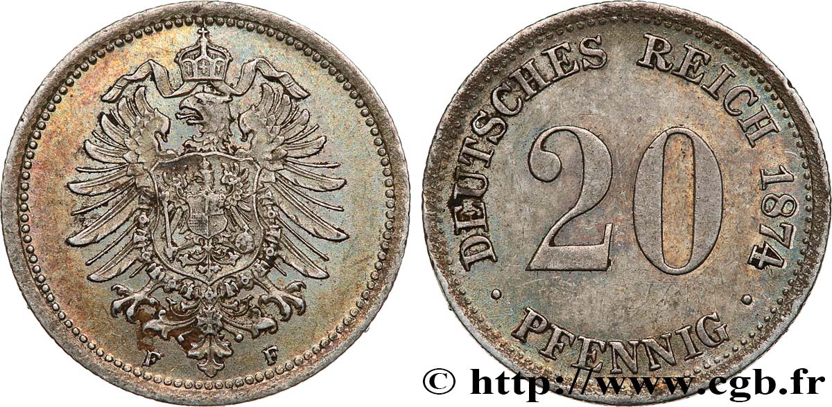 GERMANY 20 Pfennig aigle impérial héraldique 1874 Stuttgart XF 
